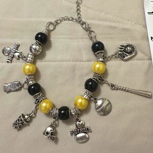 Handmade-NWOT- 925 SS plated charm bracelet. Sports charms. Yellow & black beads